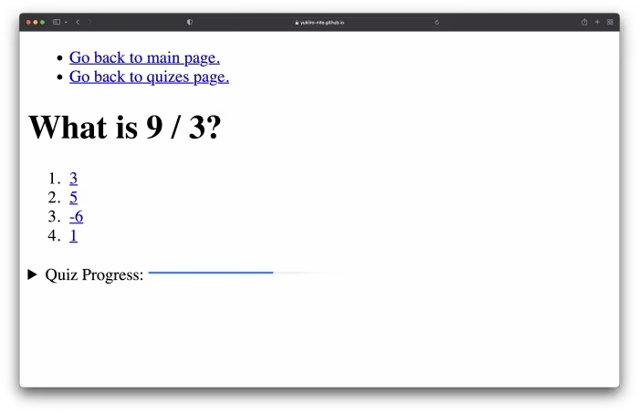 这是纯 HTML 测验的屏幕截图,询问 9 除以 3 等于多少。