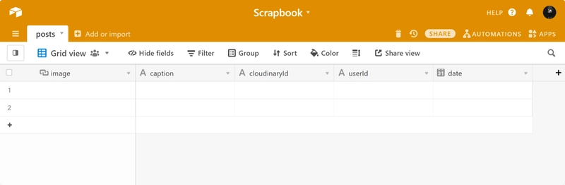初始表格,包含以下列:image、caption、cloudinaryId、userId 和 date