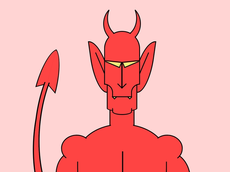 卡通画描绘了一个红色恶魔的上半身，他有角、三角形的眼睛、强壮的肌肉和一条尾巴。