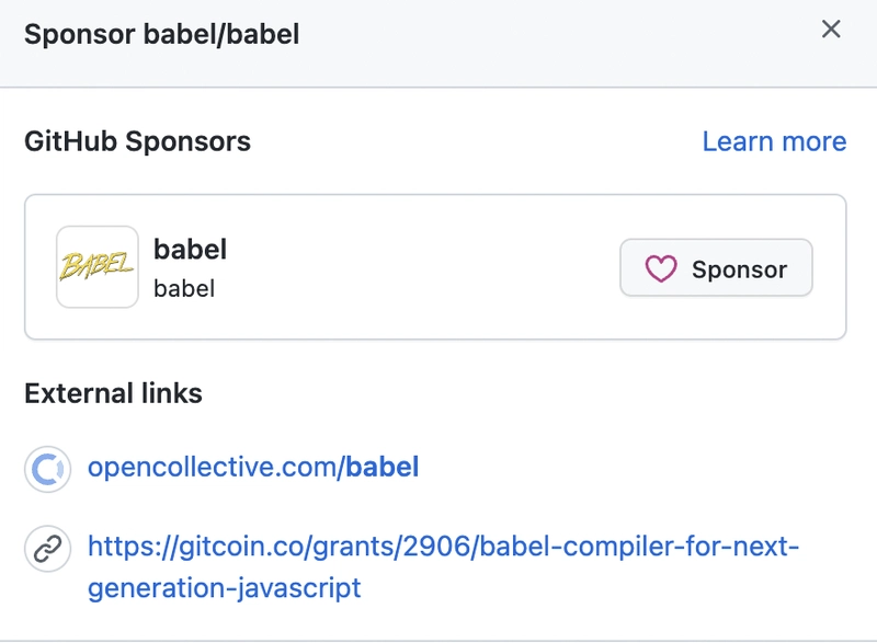 截图中显示，您可以通过 GitHub Sponsors、公开募集或 Gitcoin 赞助 Babel。