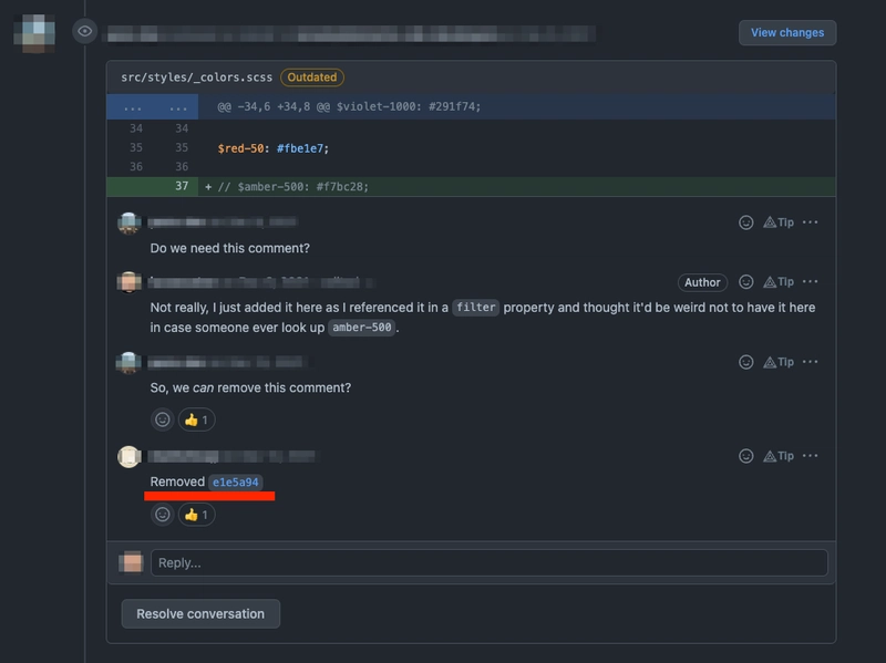 这是 GitHub PR 中作者评论的截图，其中作者贴出了所请求更改的提交编号。