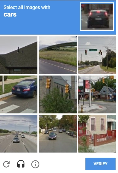 一个 recaptcha 提示，要求用户选择所有带有汽车的图像。<br>
