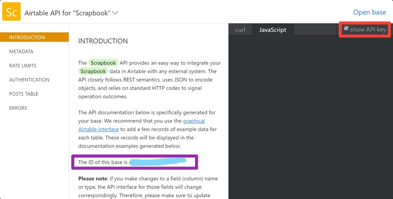 包含密钥的 Airtable API 页面