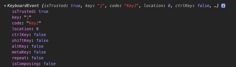 开发者工具中的 JavaScript 控制台显示了 KeyPress 的事件属性。我们发现有两个属性格外醒目:“key” 的值为“j”,而“code” 的值为“KeyJ”。