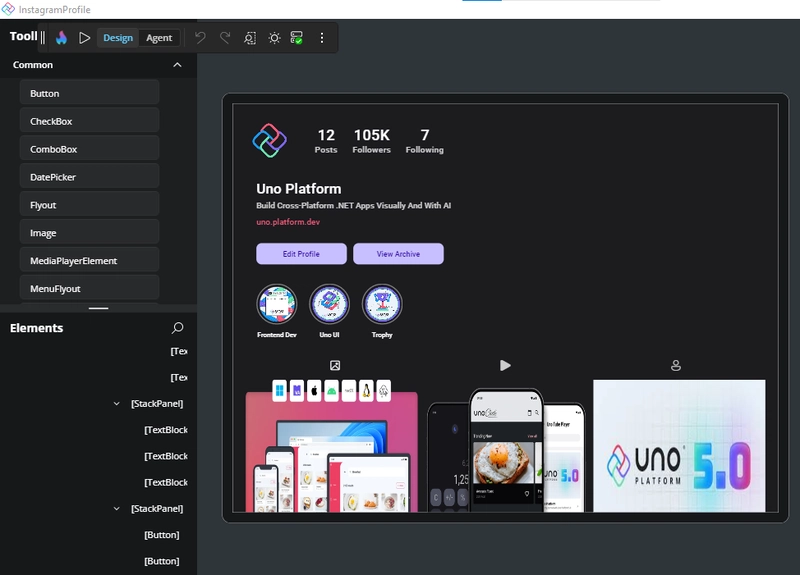 采用 Uno Platform Hot Design 设计的 Instagram 风格个人资料界面