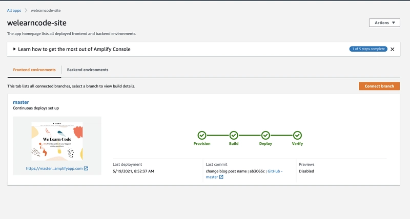 AWS Amplify 控制台上的“连接分支”按钮