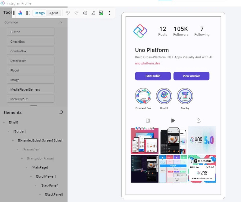 采用 Uno Platform Hot Design 设计的 Instagram 风格个人资料界面