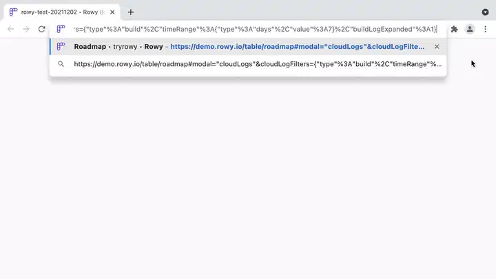 屏幕录像显示了通过深度链接打开 Rowy 演示 Web 应用程序，并打开云日志模态框的过程。