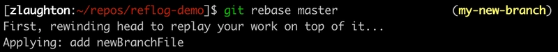 运行 git rebase 的终端截图