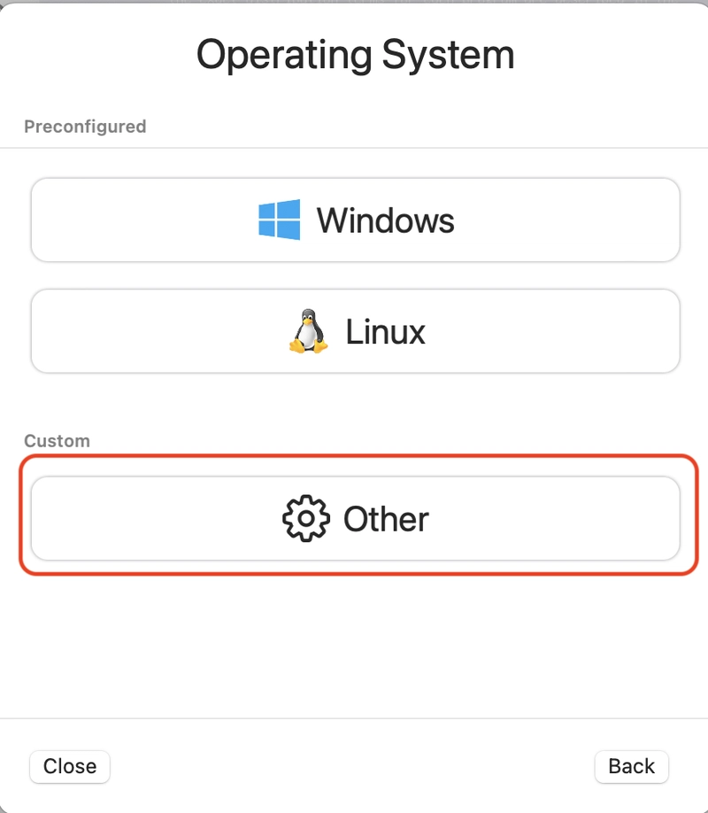 UTM 新 VM:选择操作系统:Windows、Linux、其他