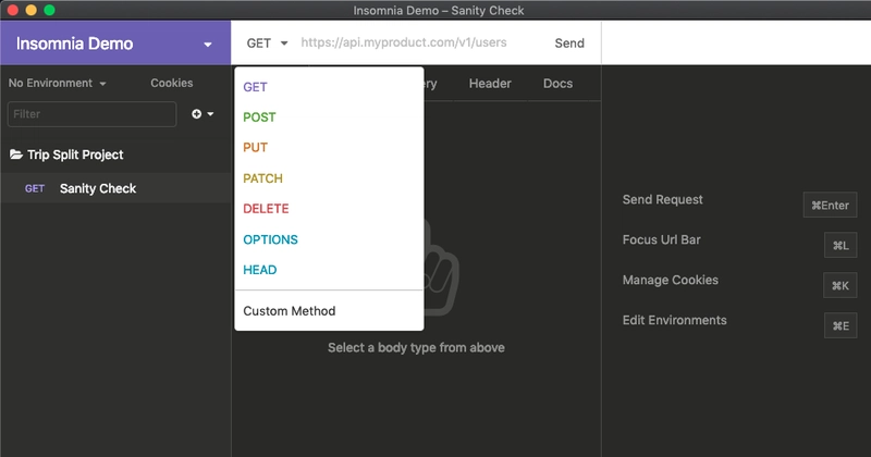 HTTP 请求选项包括 GET、POST、PUT、PATCH、DELETE、OPTIONS、HEAD 和自定义方法。
