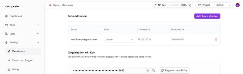 Composio 控制面板 API 密钥