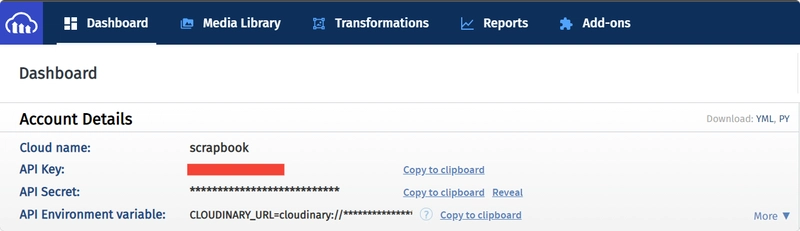Cloudinary 控制面板,包含云名称、API 密钥和 API 密钥。