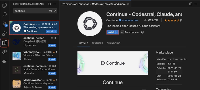 在 VS 扩展上安装 Continue.dev
