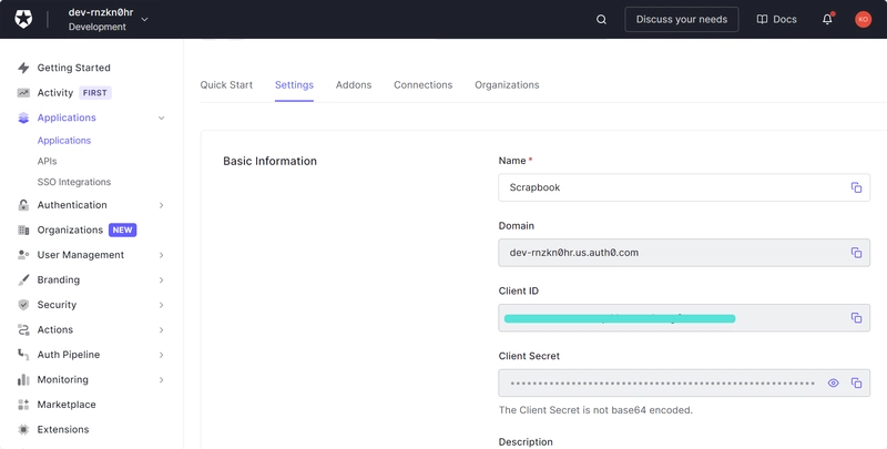 Auth0 应用程序设置页面,需要 CLIENT_ID 和 CLIENT_SECRET。