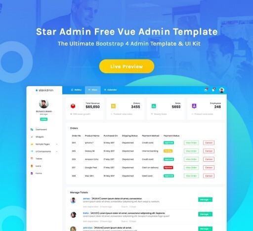 Vue 模板 — Star Admin，由 BootstrapDash 提供的免费 Vue 入门模板。