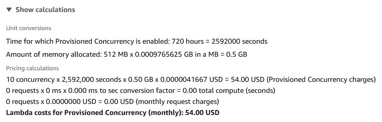 以下示例中，AWS 定价计算器屏幕截图显示了预置并发的成本。