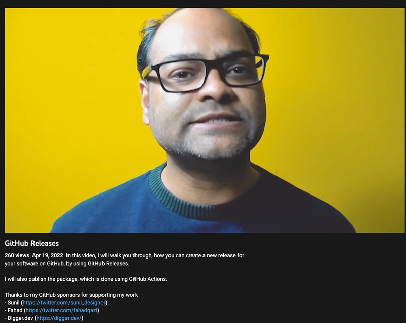 这是 Santosh 在 YouTube 视频中发言的截图。下方是视频说明,并附上他对 GitHub 赞助商的感谢。他还列出了赞助商的名字。
