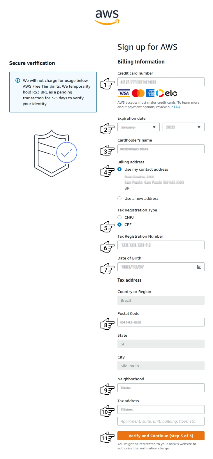 Amazon Cognito - 注册 AWS（第 3 步，共 5 步）