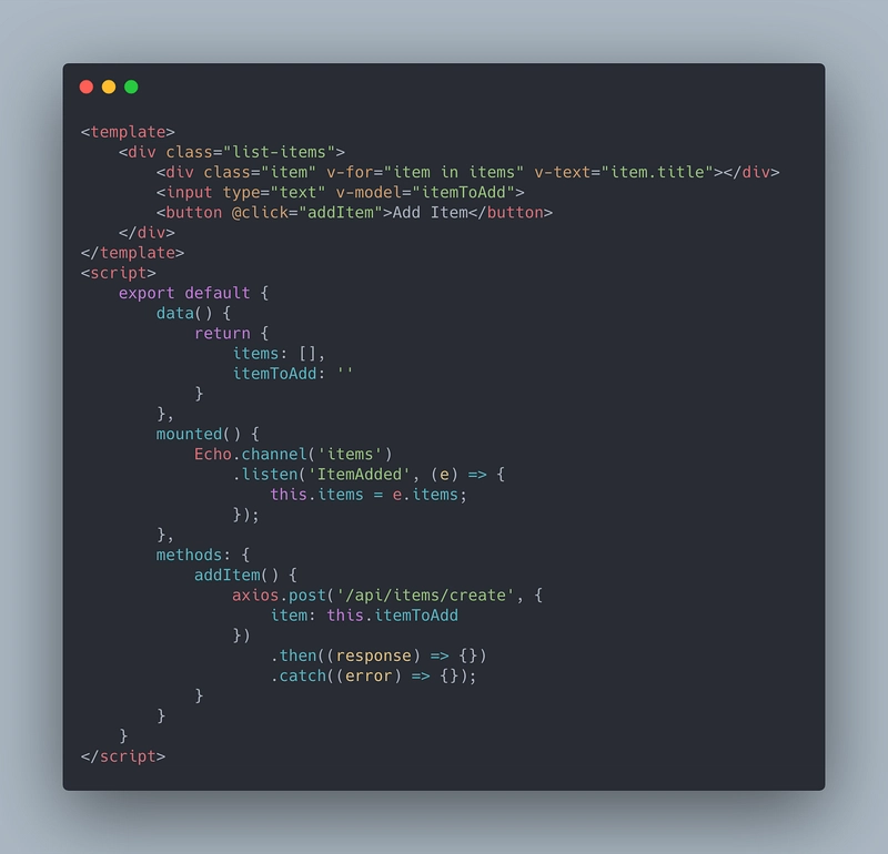 示例 Vue 组件（包含 laravel-websockets）的代码截图