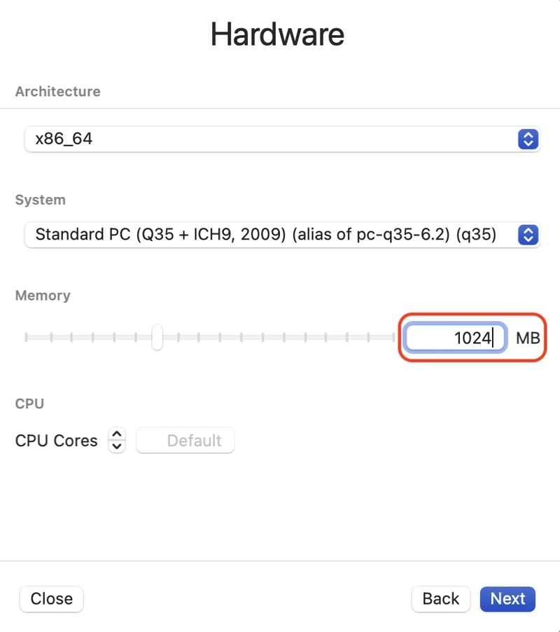 UTM 新的 VM 硬件选择对话框,除 RAM 内存外具有默认值