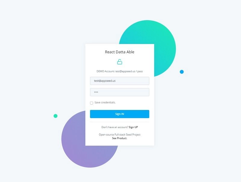 Flask React Datta Able - 登录页面。