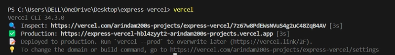 命令行界面显示 Vercel CLI 34.3.0。它显示项目的检查和生产 URL,以及有关部署和更改域或构建命令设置的消息。