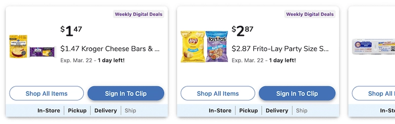 Kroger.com 上的优惠券,每张优惠券及其主要操作按钮均有阴影效果。