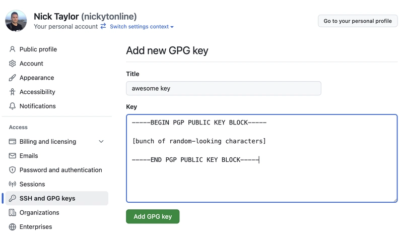 GitHub 添加 GPG 密钥屏幕
