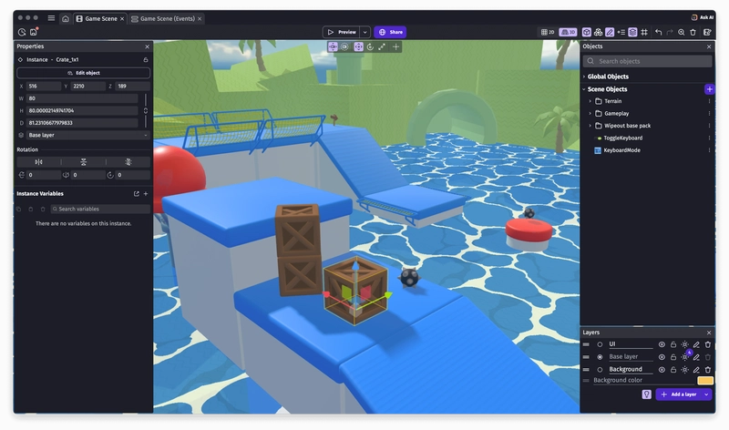 在编辑游戏关卡时使用 GDevelop 编辑器