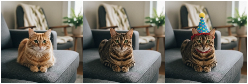 图片展示了原图中的猫，第一次修改后将其改为孟加拉猫，第二次修改后则展示了正在睡觉的孟加拉猫。