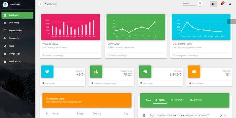 Vue 控制面板 Vuetify Material - 主控制面板屏幕